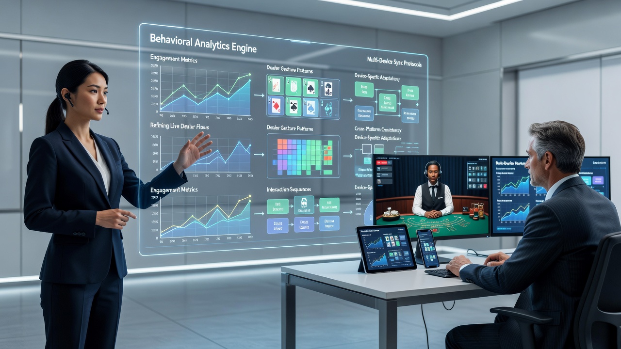 Live dealer table interface with overlaid behavioral metrics from mobile and desktop users