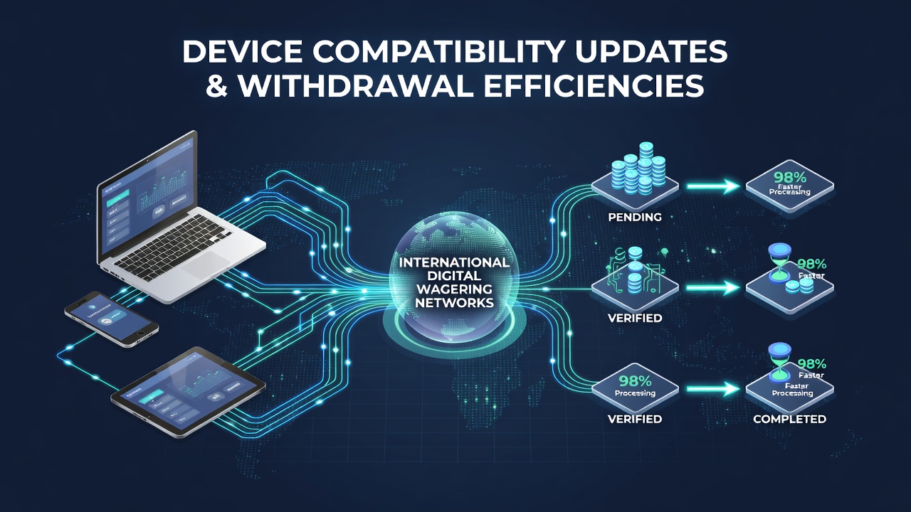 Network diagram showing device compatibility layers connected to withdrawal processing nodes in digital wagering systems