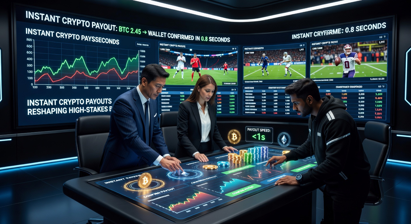 Digital dashboard showing instant crypto transactions in a sports betting interface, with charts of live odds and blockchain confirmations