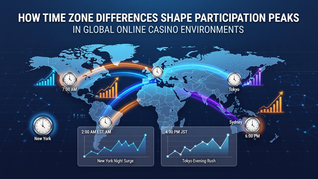 Global map overlay showing time zone lines and casino activity heatmaps across continents