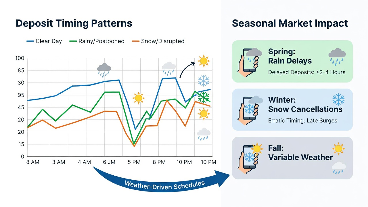 Mobile sports betting interface showing deposit options alongside weather alerts for upcoming events in a seasonal market