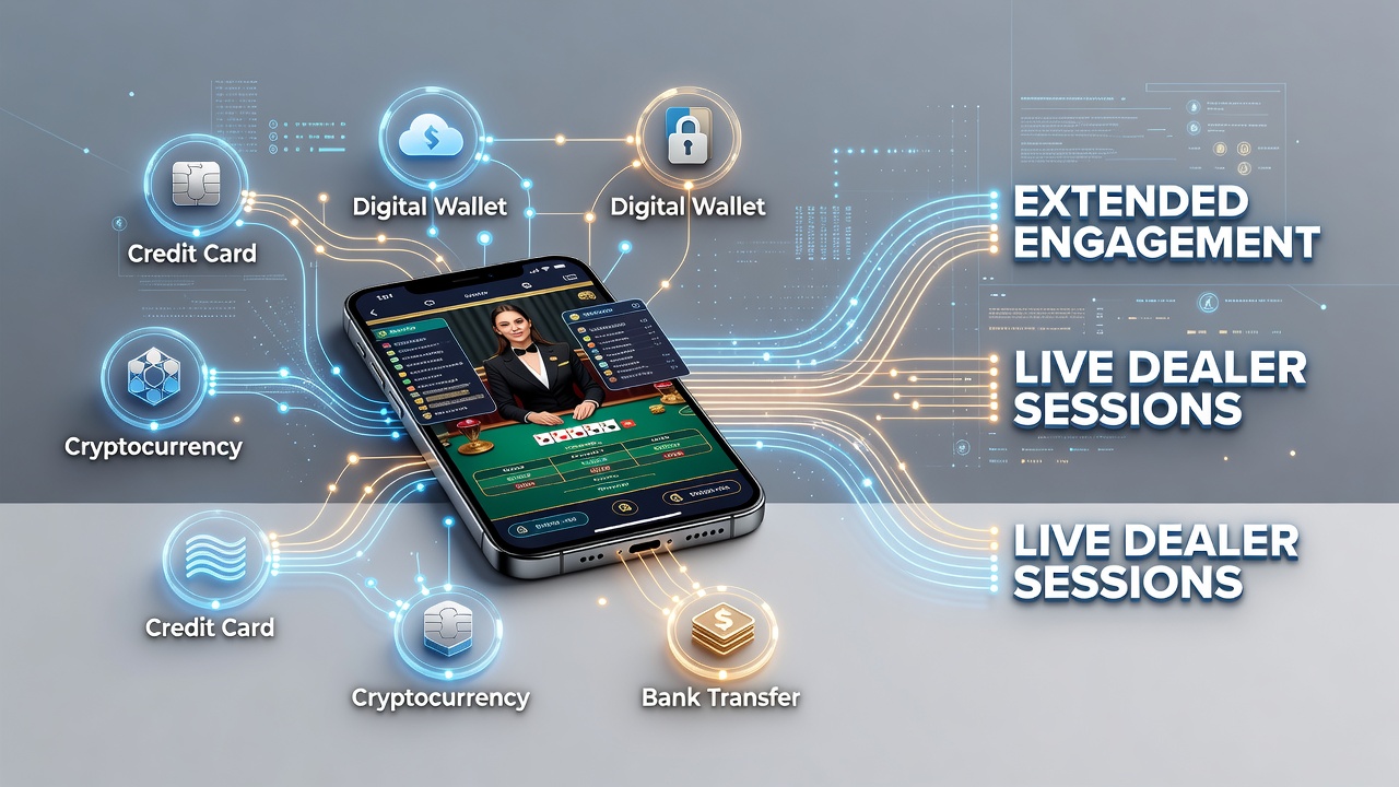 Analytics dashboard displaying payment method correlations with live dealer session durations on mobile