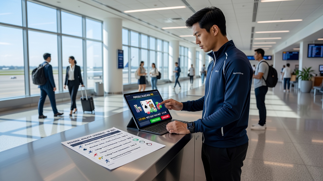 Mobile blackjack interface showing transaction options alongside regional sports calendar overlays