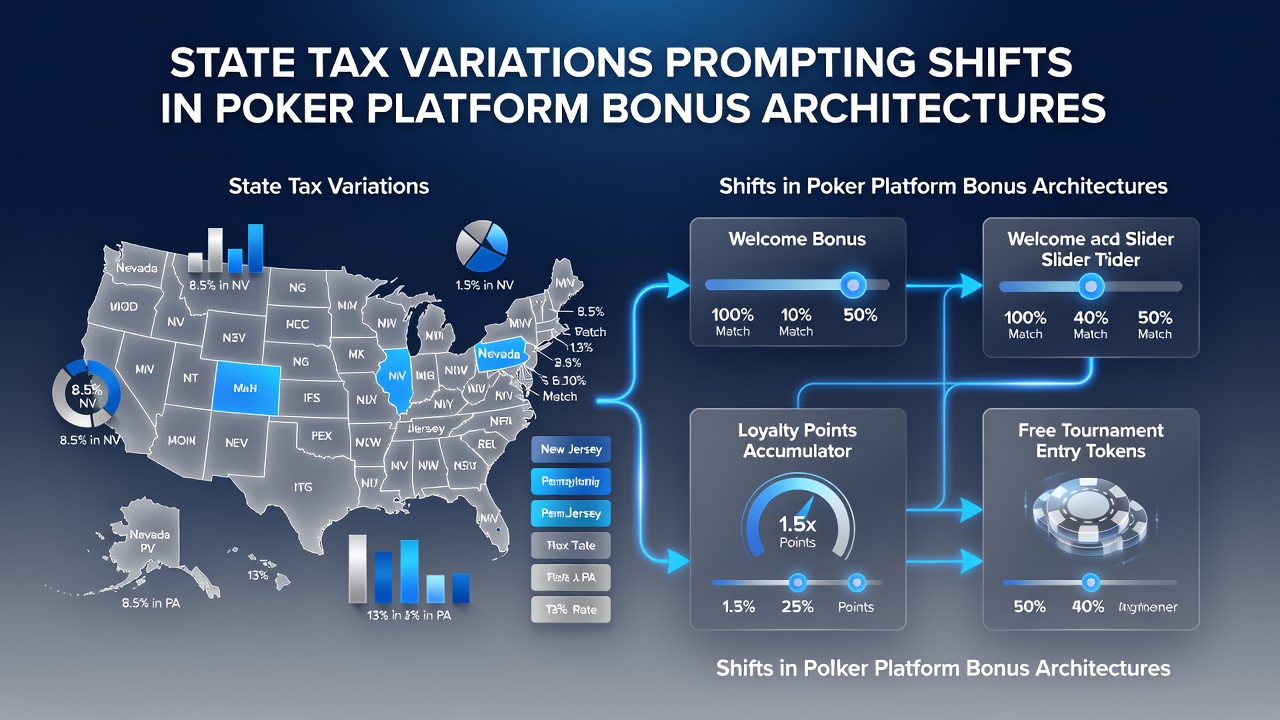 Map showing poker bonus adjustments across U.S. states with varying tax rates in 2026