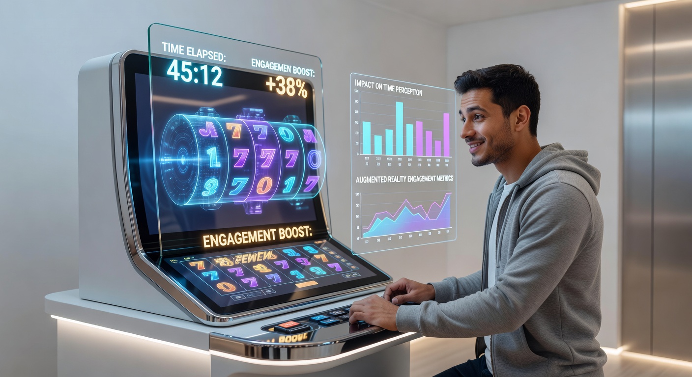 Player engaging with augmented reality slot features on a mobile device inside a casino floor