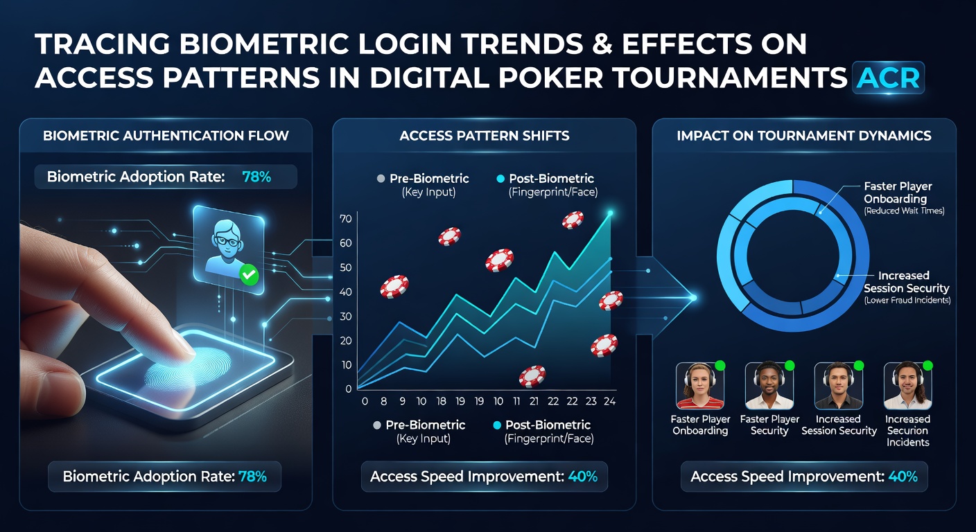 Network analytics dashboard displaying biometric login success rates and peak access times for poker tournaments